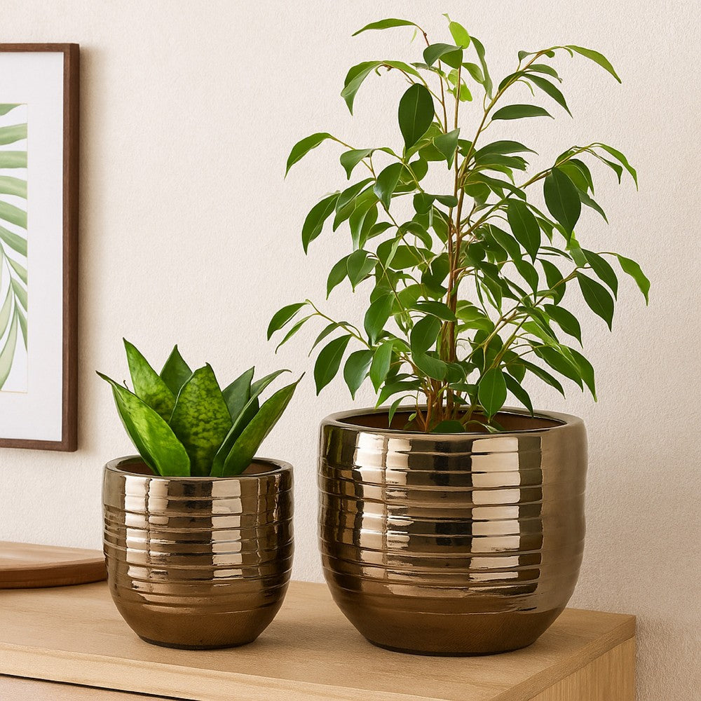 Paulo Barrel Planter Set of 2, Raised Ribbed Gold Ceramic 19, 15 Inch -BM335042
