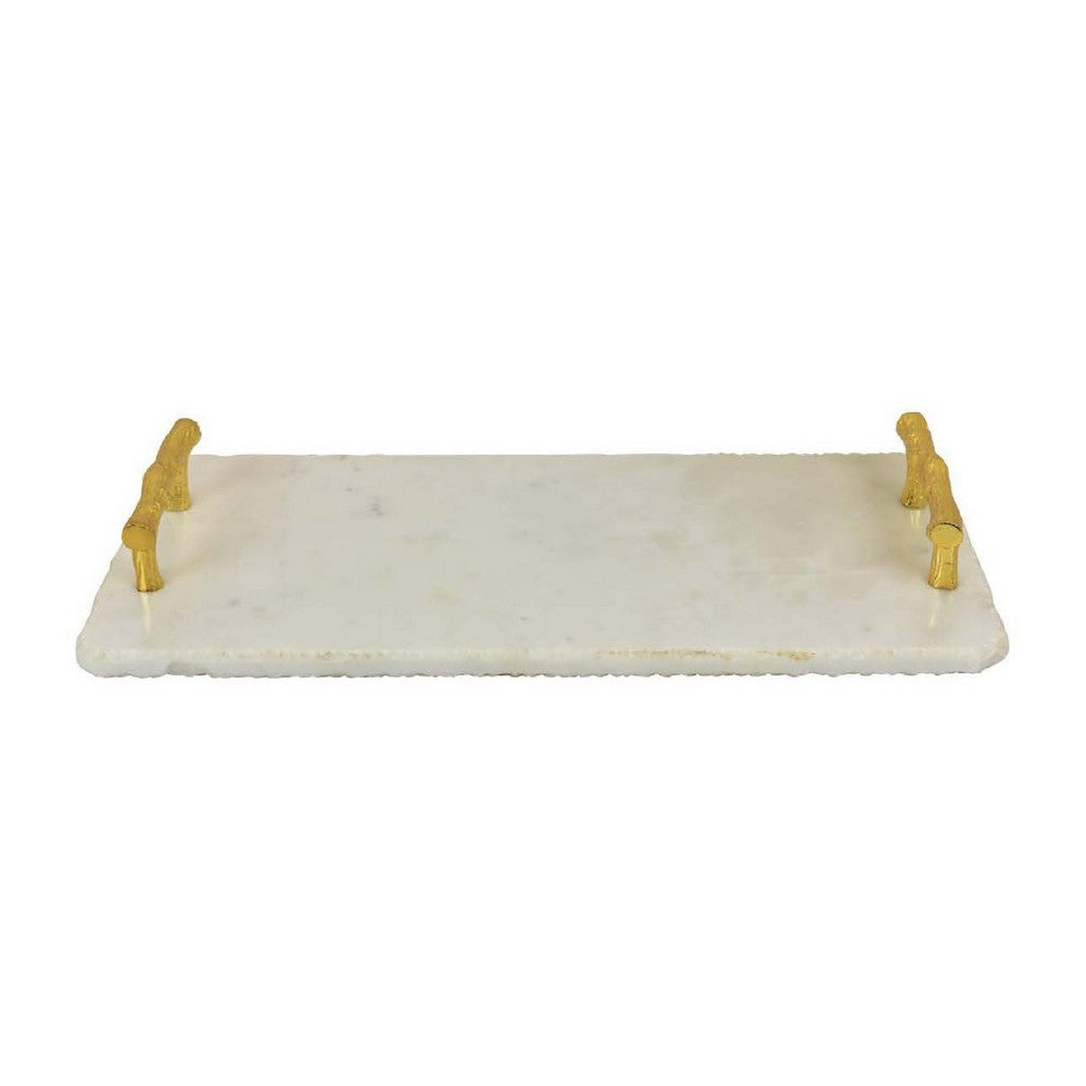 Pammy Decorative Serving Tray, Log Handles, Gold White Marble 18 Inch -BM335044
