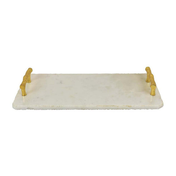 Pammy Decorative Serving Tray, Log Handles, Gold White Marble 18 Inch -BM335044