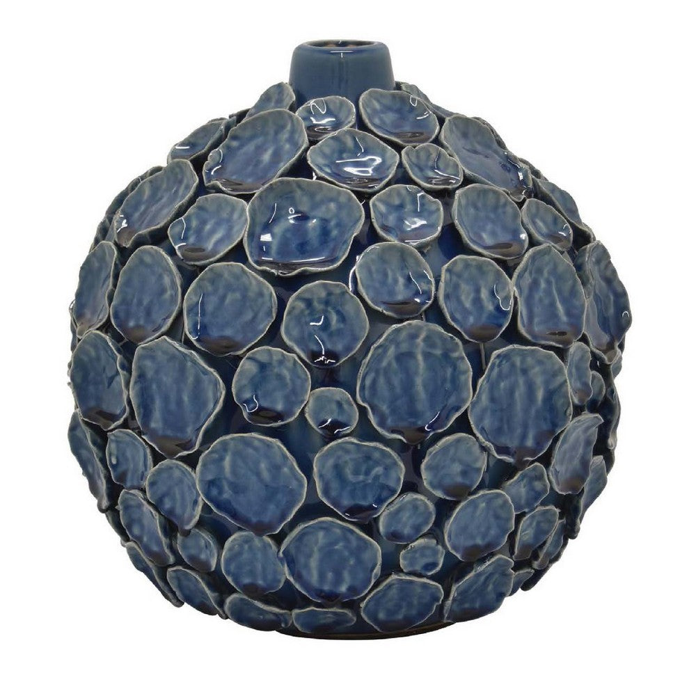 Remus Accent Vase with Raised Pebble Pattern, Glazed Blue Ceramic -BM335046