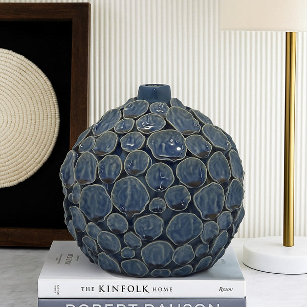 Remus Accent Vase with Raised Pebble Pattern, Glazed Blue Ceramic -BM335046