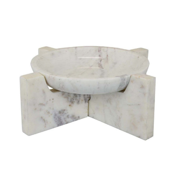 Manny Decorative Round Marble Bowl with X-Cross Base, White 16 Inch -BM335047