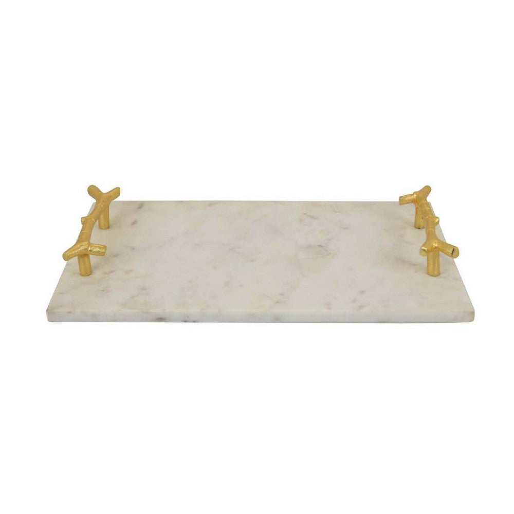 Pammy Decorative Tray, Gold Branch-Like Handles, White Marble 16 Inch -BM335050