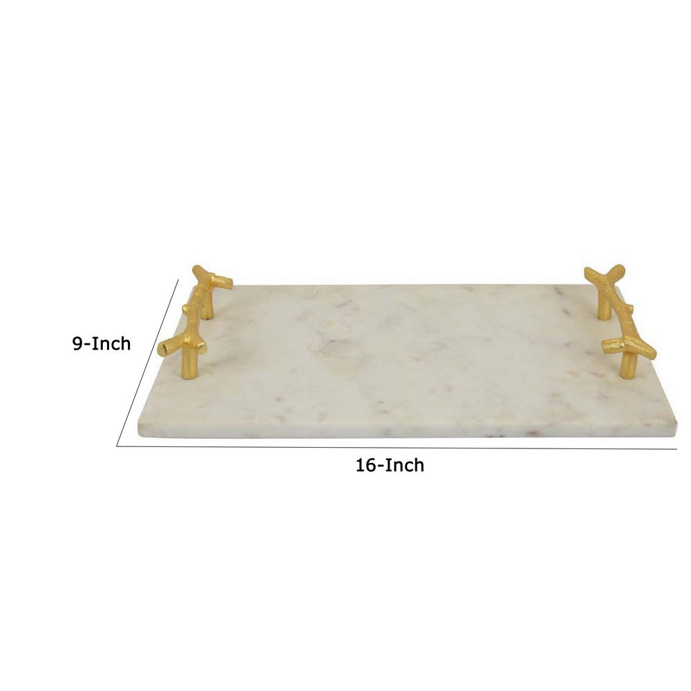 Pammy Decorative Tray, Gold Branch-Like Handles, White Marble 16 Inch -BM335050