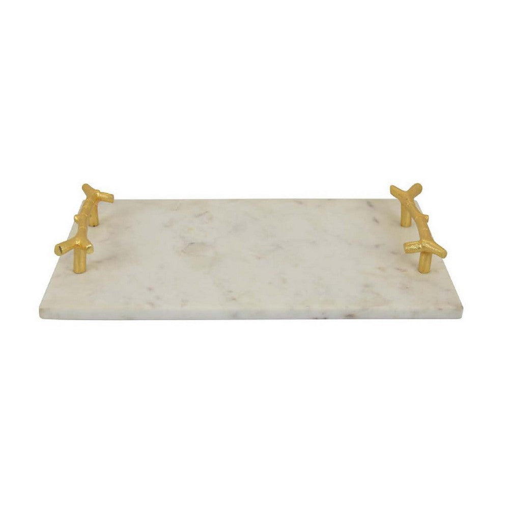 Pammy Decorative Tray, Gold Branch-Like Handles, White Marble 16 Inch -BM335050