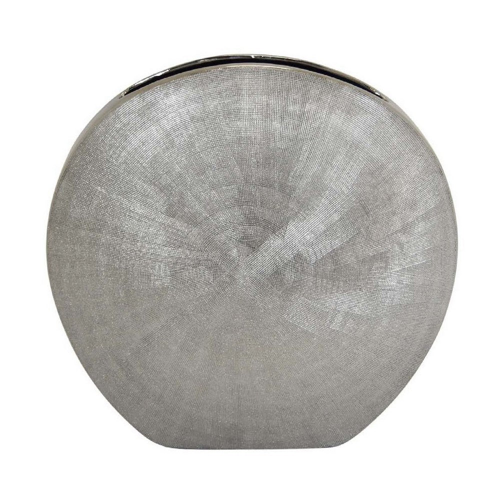 Harvey Accent Vase, Metallic Texture, Flat Round Gray Ceramic 15 Inch -BM335051