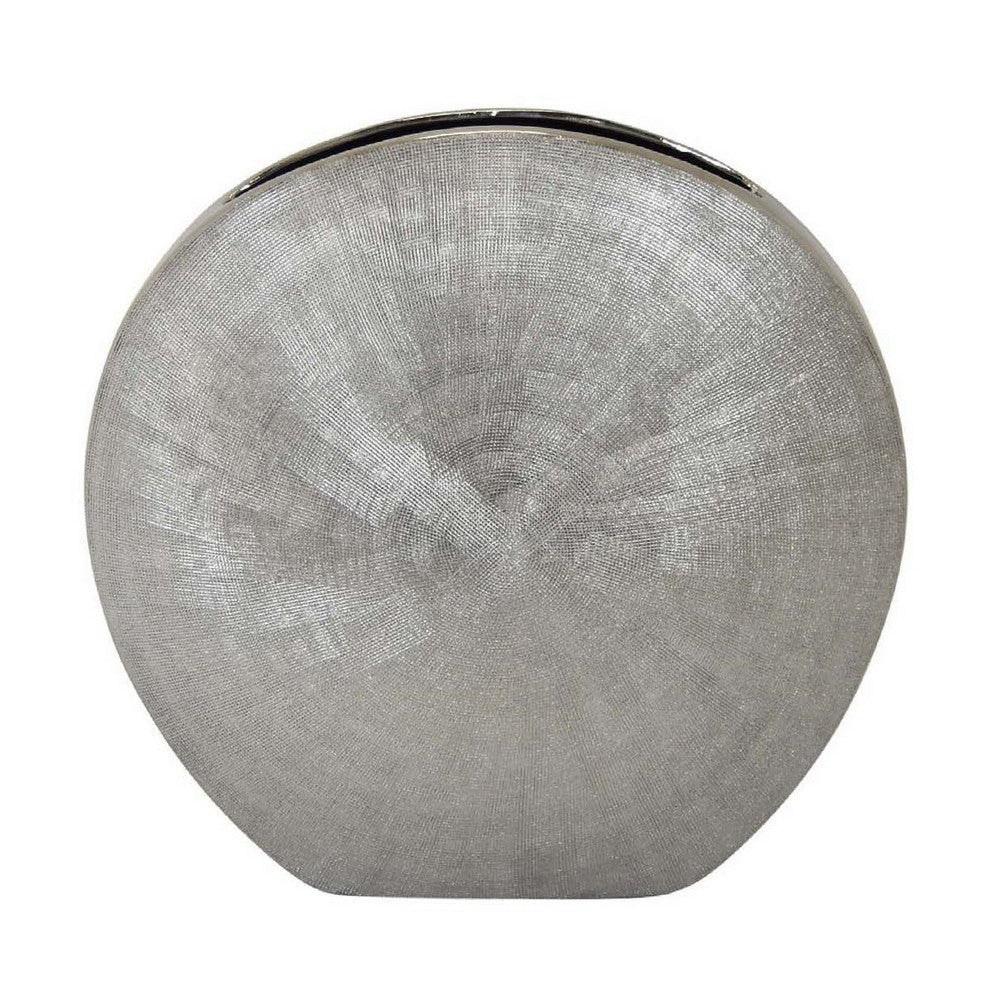 Harvey Accent Vase, Metallic Texture, Flat Round Gray Ceramic 15 Inch -BM335051
