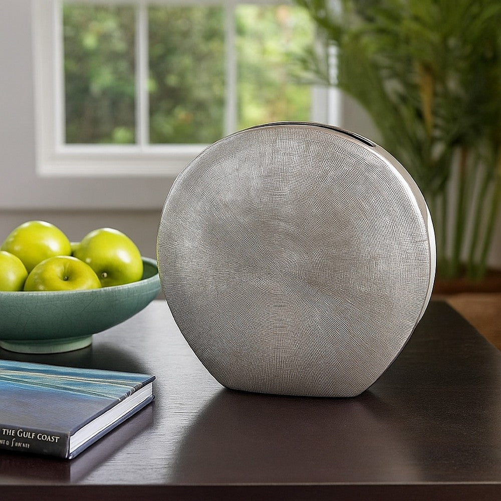 Harvey Accent Vase, Metallic Texture, Flat Round Gray Ceramic 15 Inch -BM335051