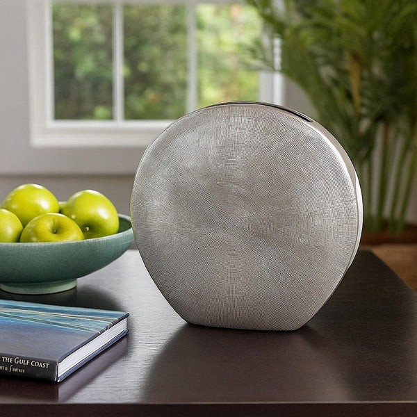 Harvey Accent Vase, Metallic Texture, Flat Round Gray Ceramic 15 Inch -BM335051