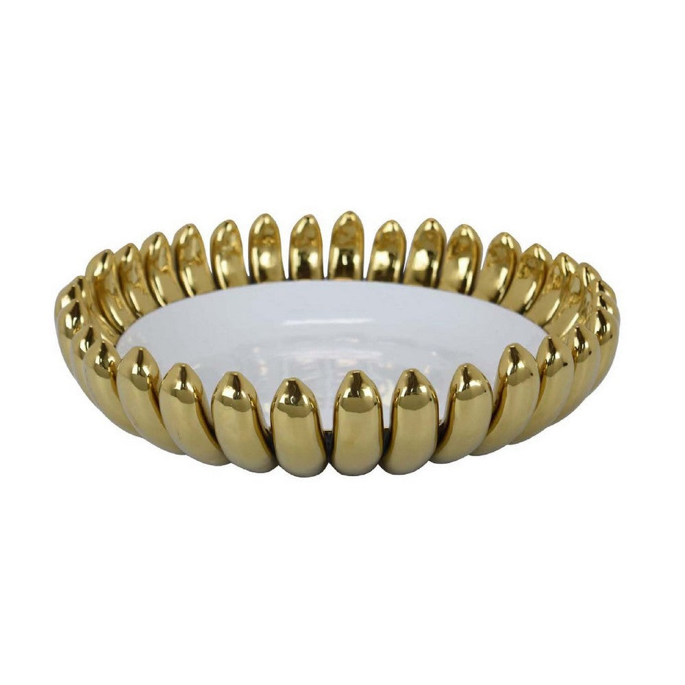 Milly Decorative Bowl, Raised Petal Rim, Gold White Ceramic 16 Inch -BM335053