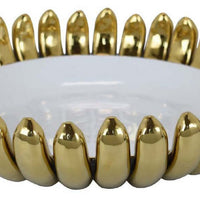 Milly Decorative Bowl, Raised Petal Rim, Gold White Ceramic 16 Inch -BM335053