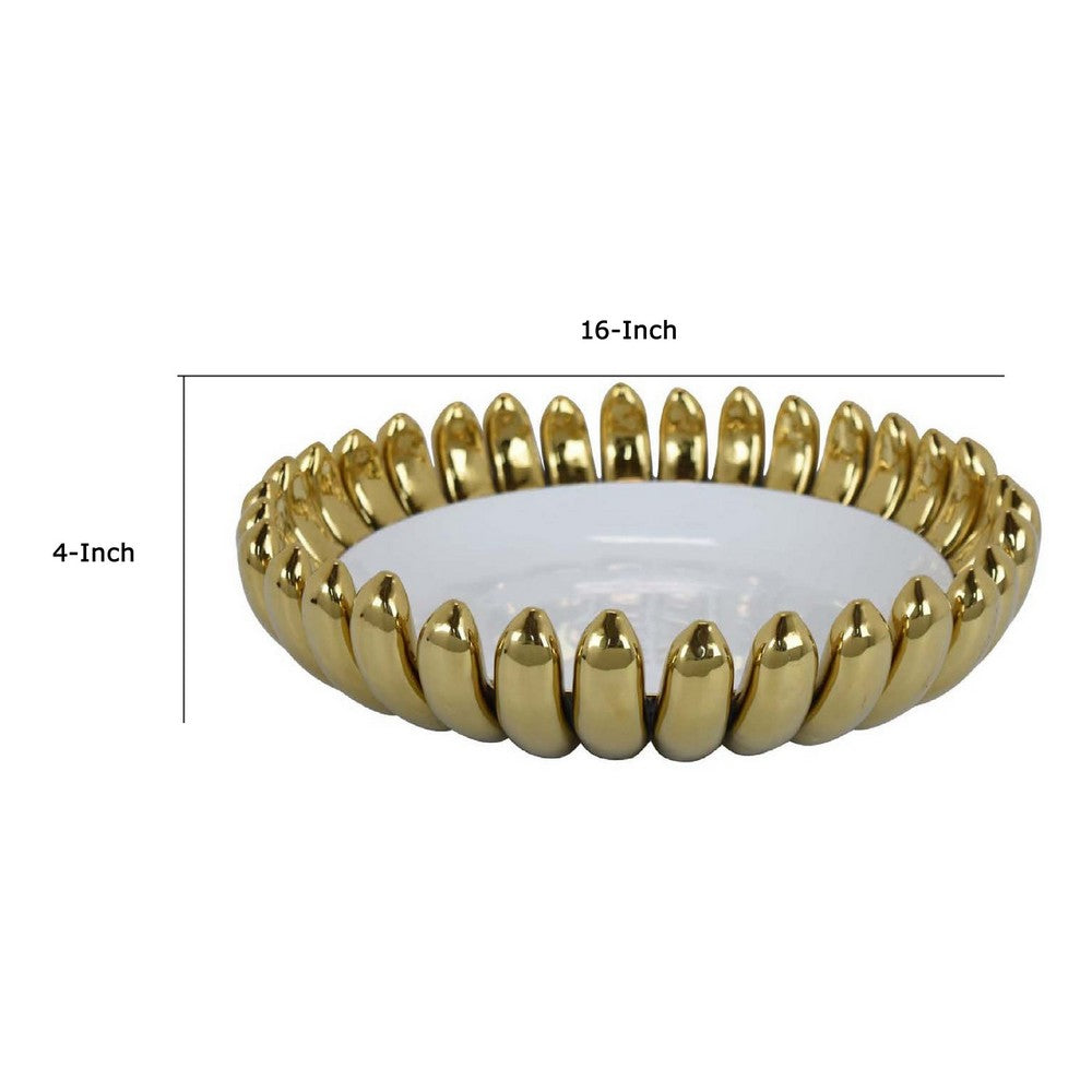 Milly Decorative Bowl, Raised Petal Rim, Gold White Ceramic 16 Inch -BM335053