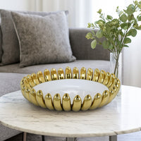 Milly Decorative Bowl, Raised Petal Rim, Gold White Ceramic 16 Inch -BM335053