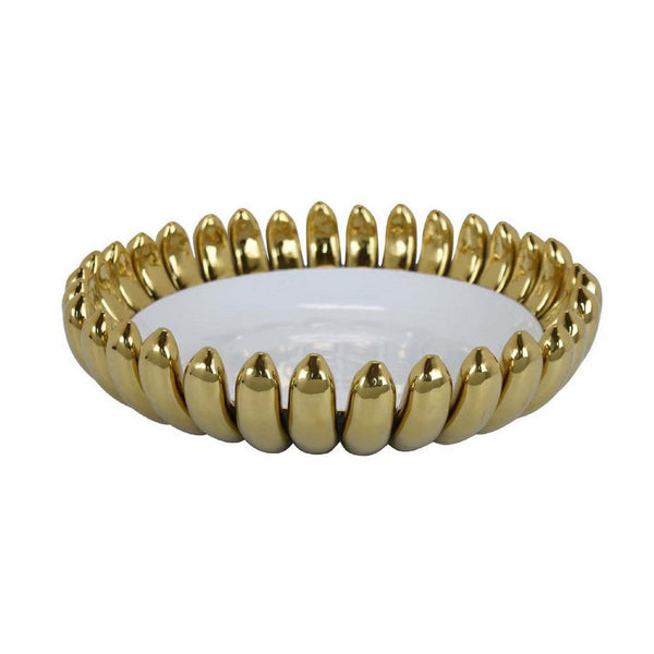 Milly Decorative Bowl, Raised Petal Rim, Gold White Ceramic 16 Inch -BM335053
