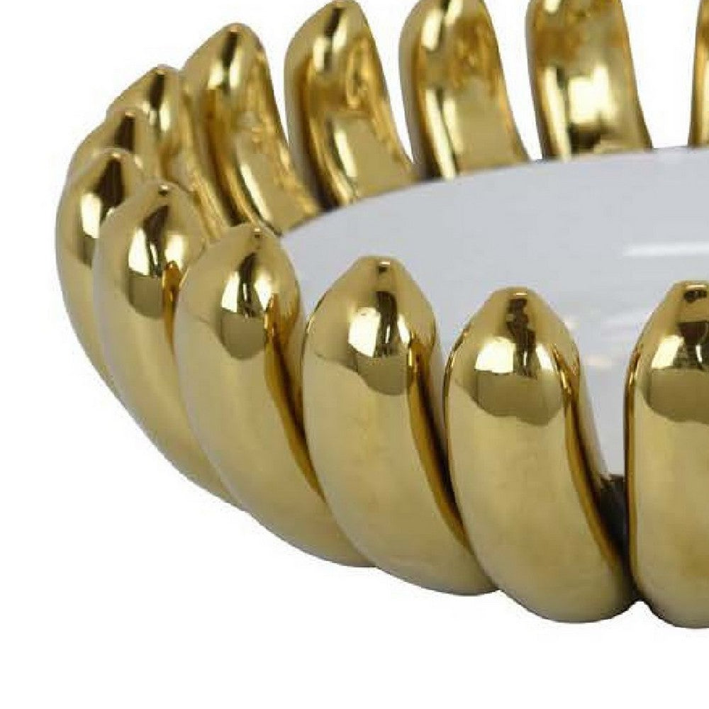 Milly Decorative Bowl, Raised Petal Rim, Gold White Ceramic 15 Inch -BM335054