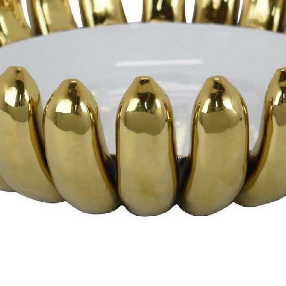 Milly Decorative Bowl, Raised Petal Rim, Gold White Ceramic 15 Inch -BM335054