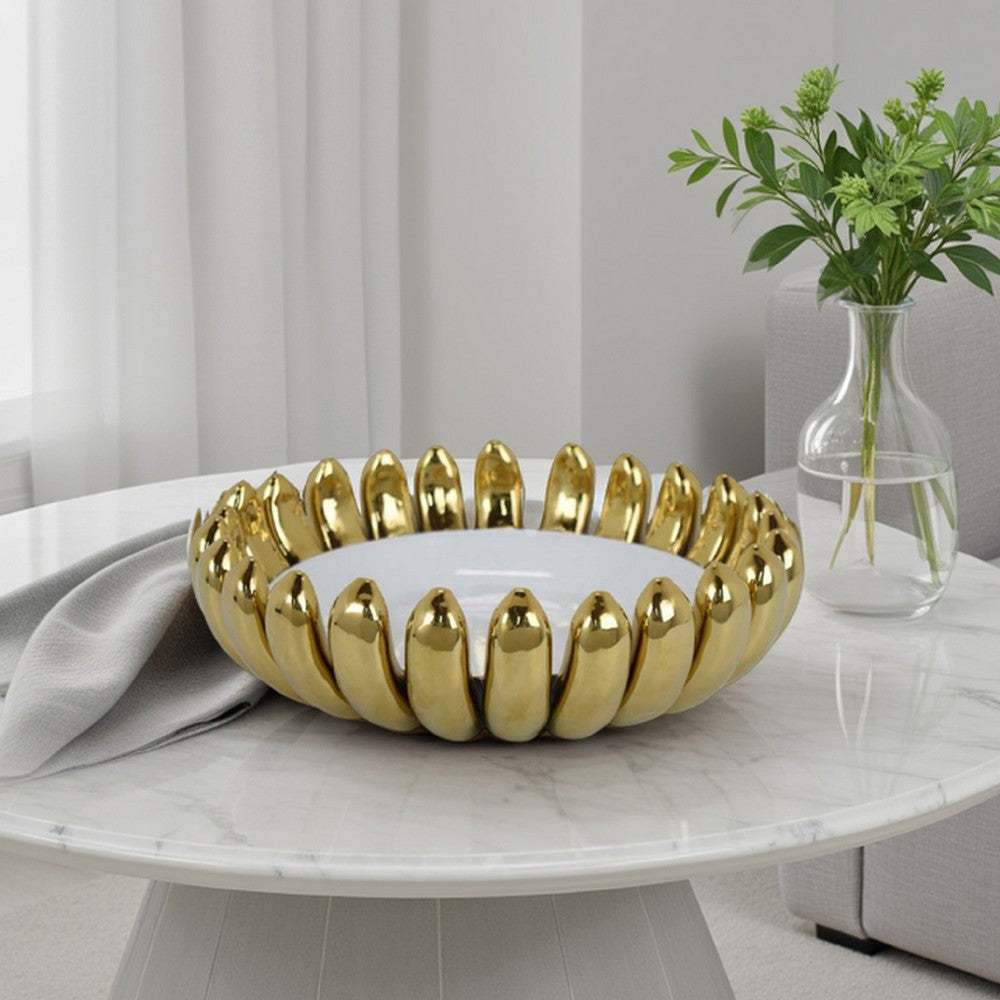 Milly Decorative Bowl, Raised Petal Rim, Gold White Ceramic 15 Inch -BM335054