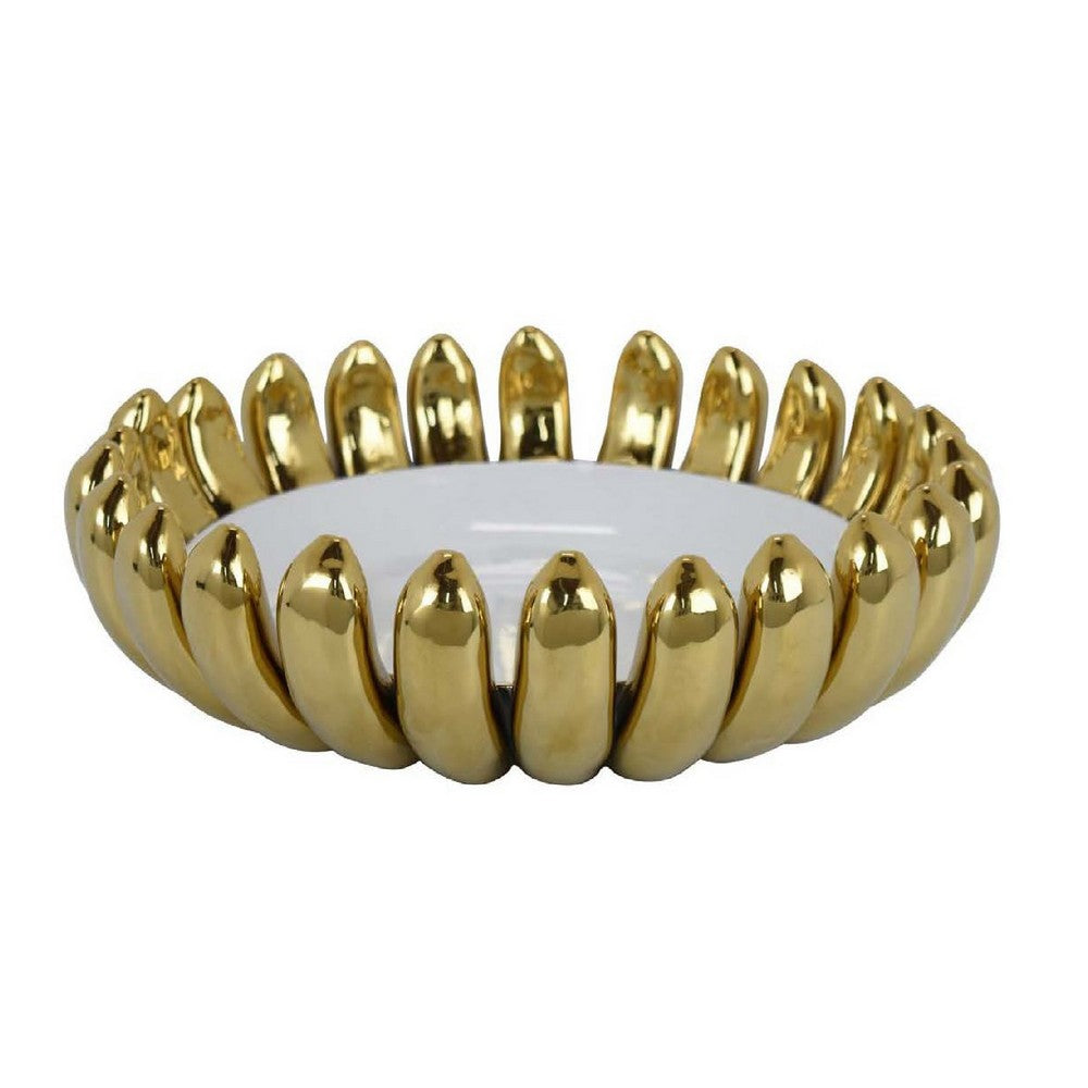 Milly Decorative Bowl, Raised Petal Rim, Gold White Ceramic 15 Inch -BM335054