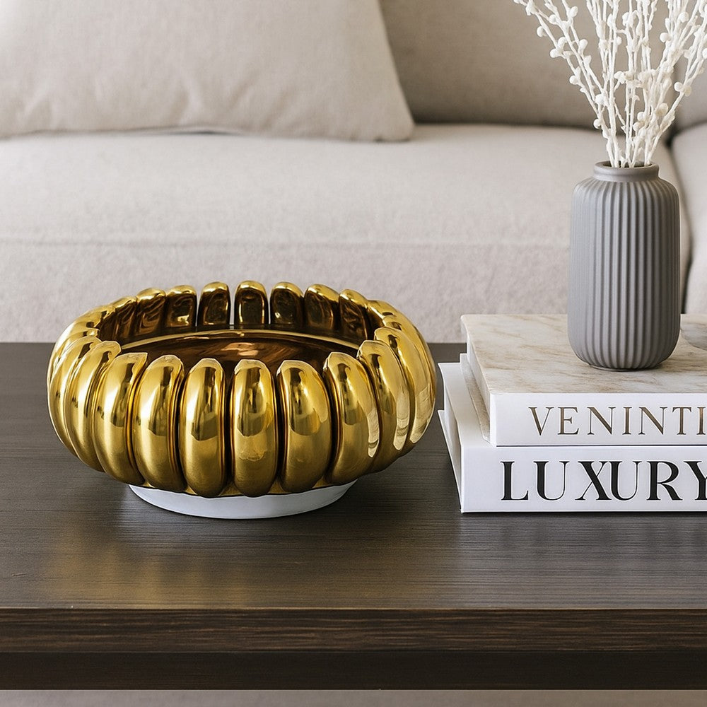 Milly Decorative Bowl, Raised Petal Rim, Gold Metallic Ceramic 13 Inch -BM335055