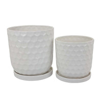 Camie Planter Set of 2 with Saucers, Bee-Hive Patterned, White Ceramic -BM335056