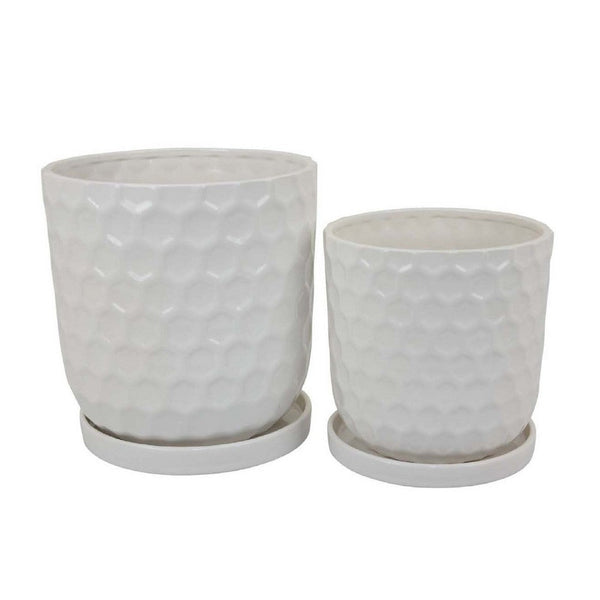 Camie Planter Set of 2 with Saucers, Bee-Hive Patterned, White Ceramic -BM335056