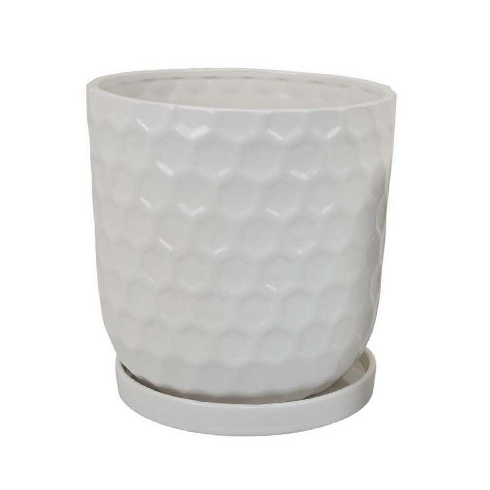 Camie Planter Set of 2 with Saucers, Bee-Hive Patterned, White Ceramic -BM335056