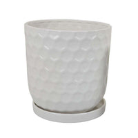 Camie Planter Set of 2 with Saucers, Bee-Hive Patterned, White Ceramic -BM335056