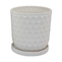 Camie Planter Set of 2 with Saucers, Bee-Hive Patterned, White Ceramic -BM335056