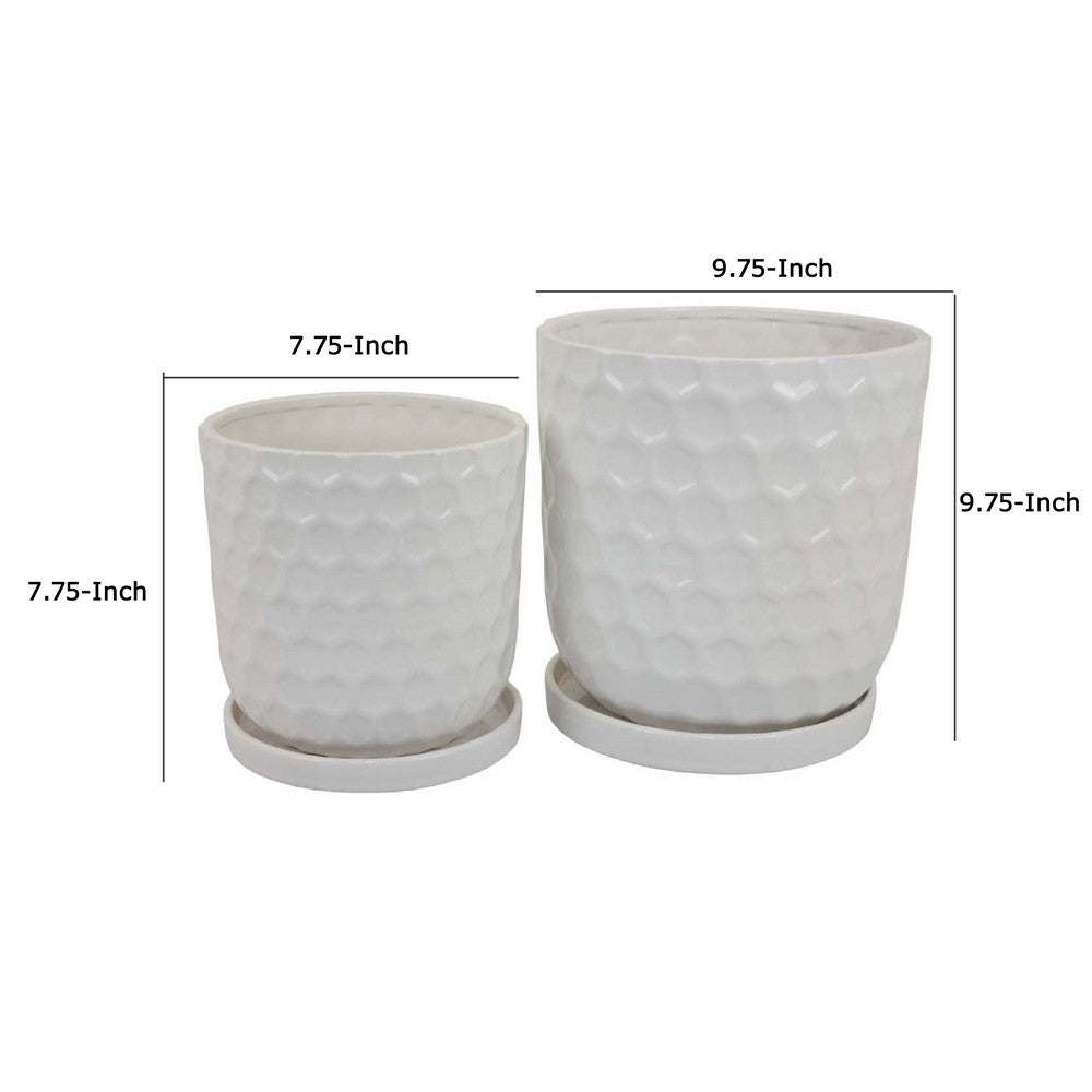 Camie Planter Set of 2 with Saucers, Bee-Hive Patterned, White Ceramic -BM335056