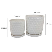 Camie Planter Set of 2 with Saucers, Bee-Hive Patterned, White Ceramic -BM335056