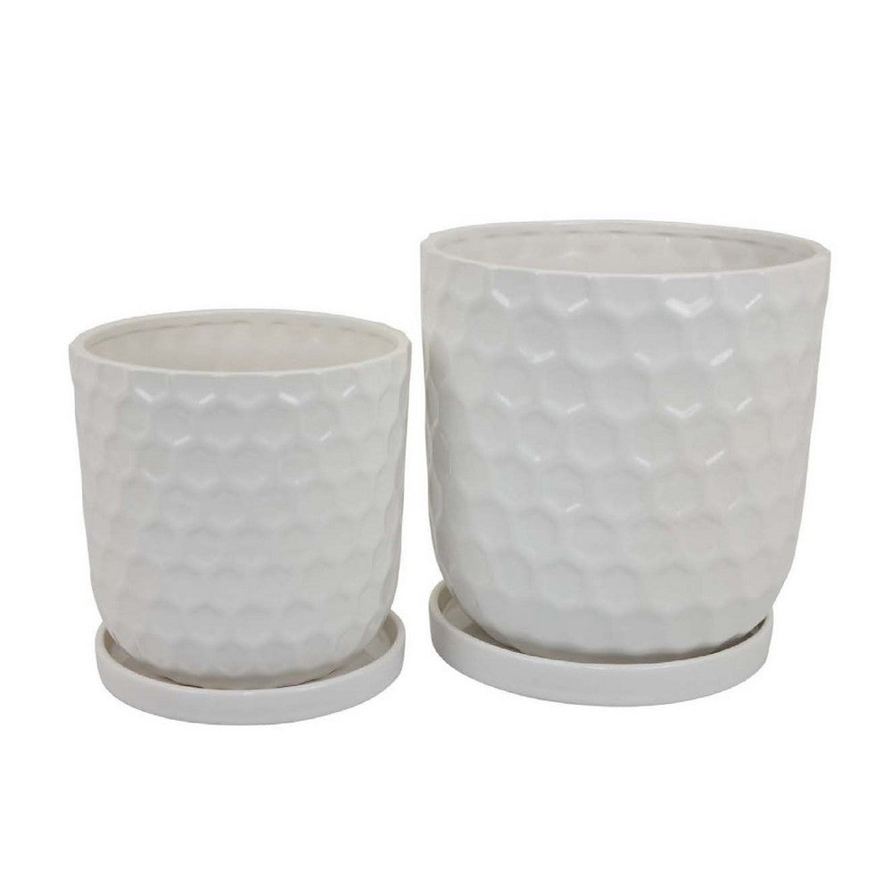 Camie Planter Set of 2 with Saucers, Bee-Hive Patterned, White Ceramic -BM335056
