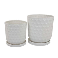 Camie Planter Set of 2 with Saucers, Bee-Hive Patterned, White Ceramic -BM335056