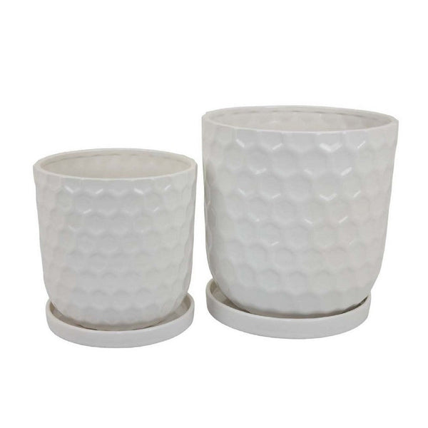 Camie Planter Set of 2 with Saucers, Bee-Hive Patterned, White Ceramic -BM335056