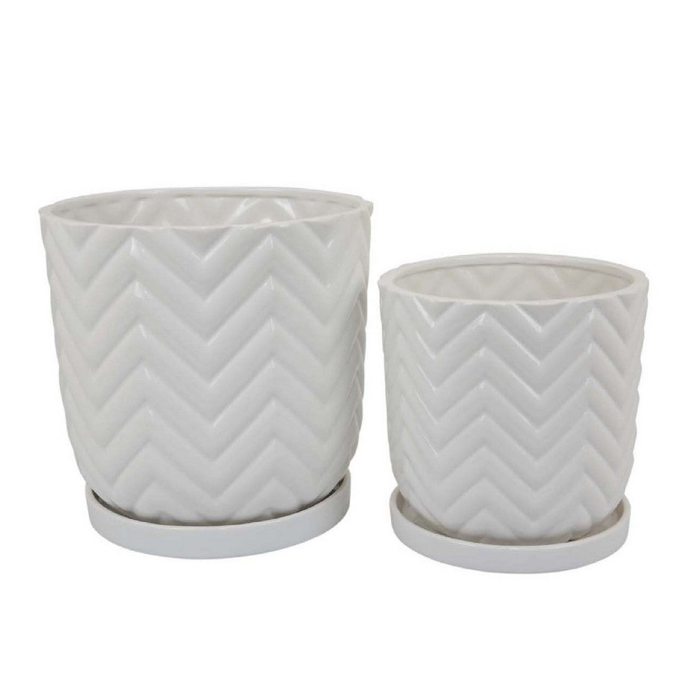 Camie Planter Set of 2, Saucers, Chevron Wave Patterns, White Ceramic -BM335057