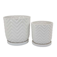 Camie Planter Set of 2, Saucers, Chevron Wave Patterns, White Ceramic -BM335057