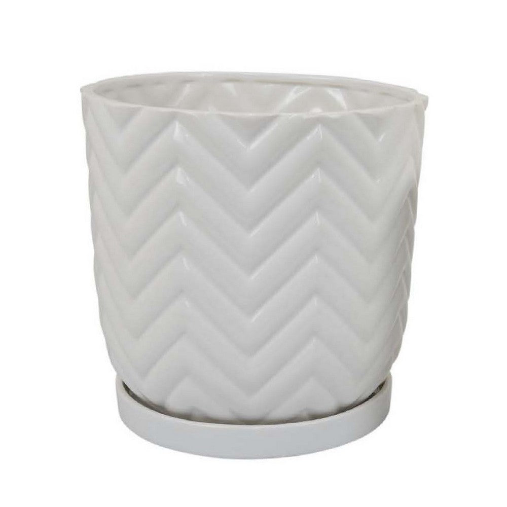 Camie Planter Set of 2, Saucers, Chevron Wave Patterns, White Ceramic -BM335057