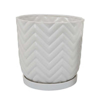 Camie Planter Set of 2, Saucers, Chevron Wave Patterns, White Ceramic -BM335057