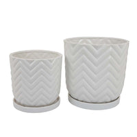 Camie Planter Set of 2, Saucers, Chevron Wave Patterns, White Ceramic -BM335057
