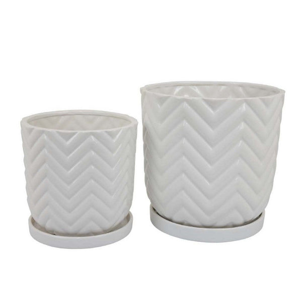 Camie Planter Set of 2, Saucers, Chevron Wave Patterns, White Ceramic -BM335057