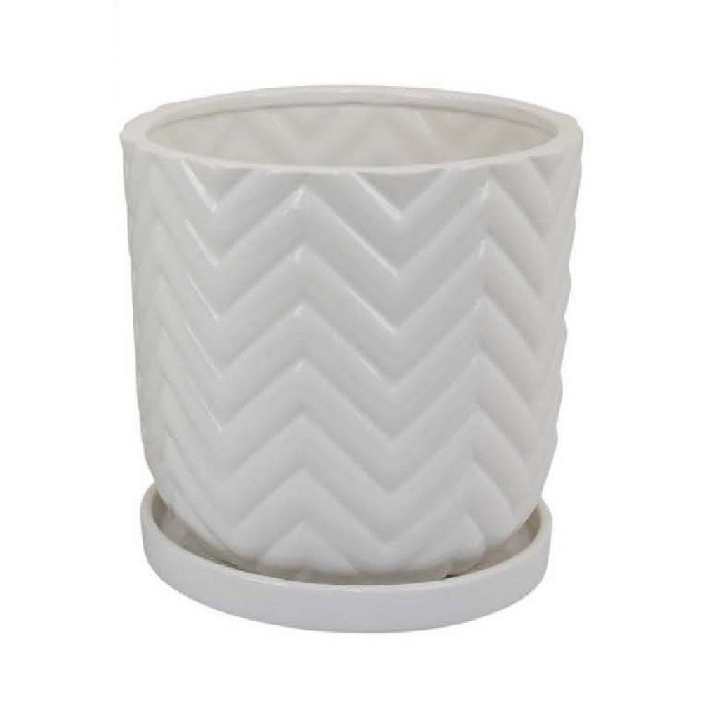 Camie Planter Set of 2, Saucers, Chevron Wave Patterns, White Ceramic -BM335057