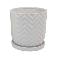Camie Planter Set of 2, Saucers, Chevron Wave Patterns, White Ceramic -BM335057
