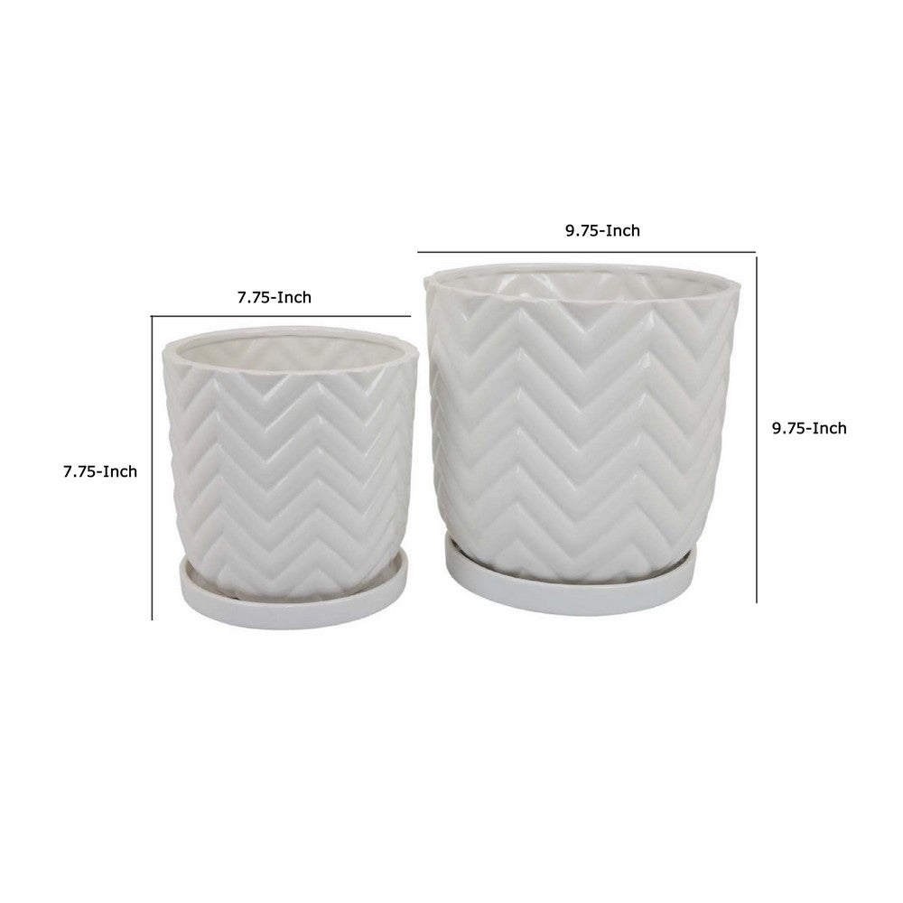 Camie Planter Set of 2, Saucers, Chevron Wave Patterns, White Ceramic -BM335057