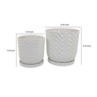 Camie Planter Set of 2, Saucers, Chevron Wave Patterns, White Ceramic -BM335057