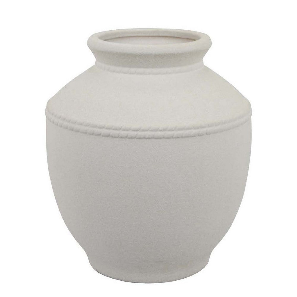 Samie Round Accent Vase, Rope-Like Details, White Ceramic 12 Inch -BM335064