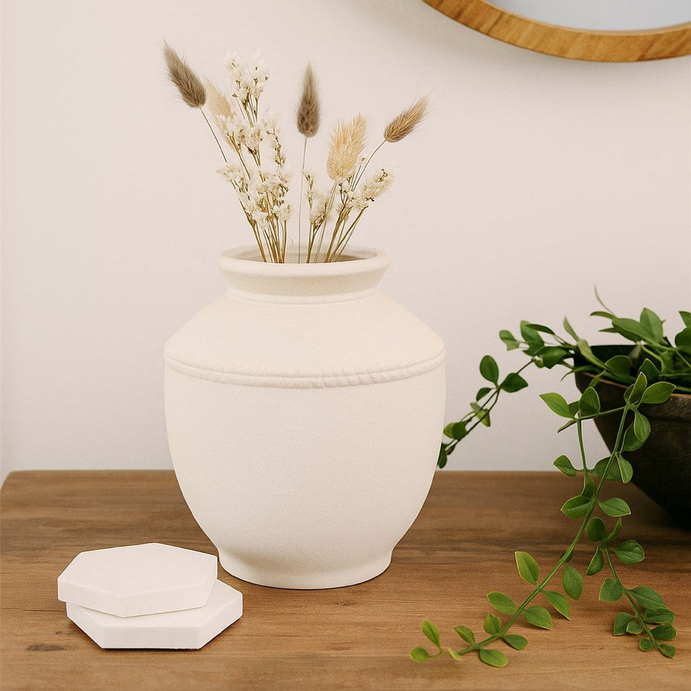Samie Round Accent Vase, Rope-Like Details, White Ceramic 12 Inch -BM335064