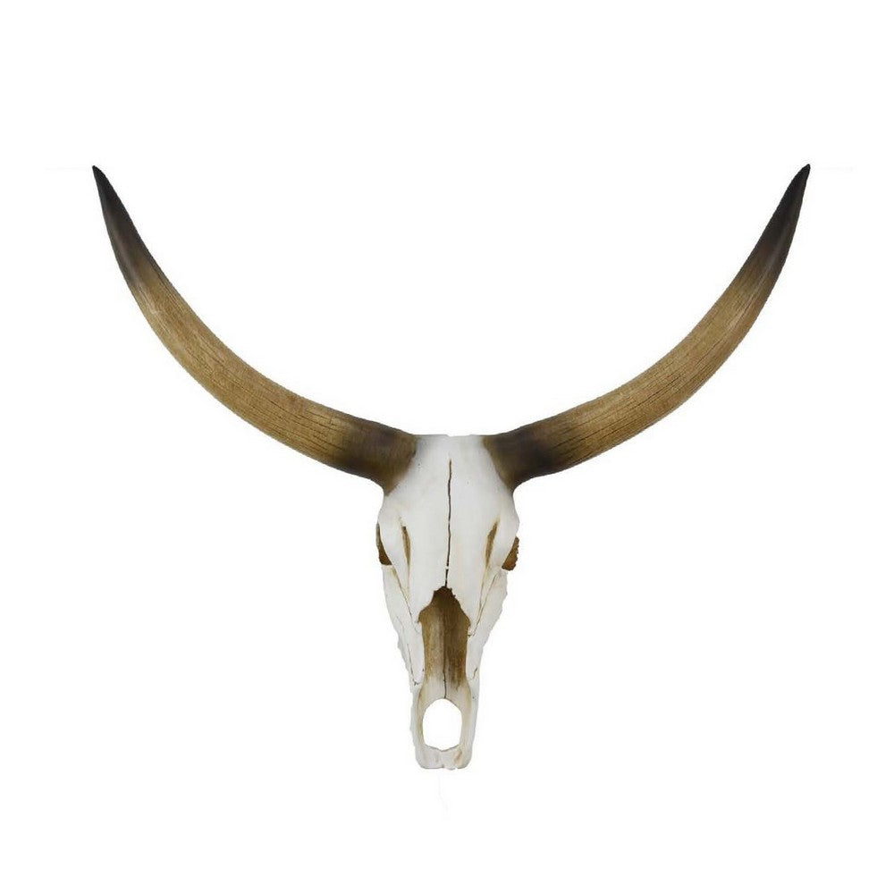 Kriya Sculpture, Longhorn Bull Skull Curved Horns, White Resin 19 Inch -BM335065