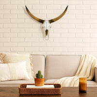 Kriya Sculpture, Longhorn Bull Skull Curved Horns, White Resin 19 Inch -BM335065