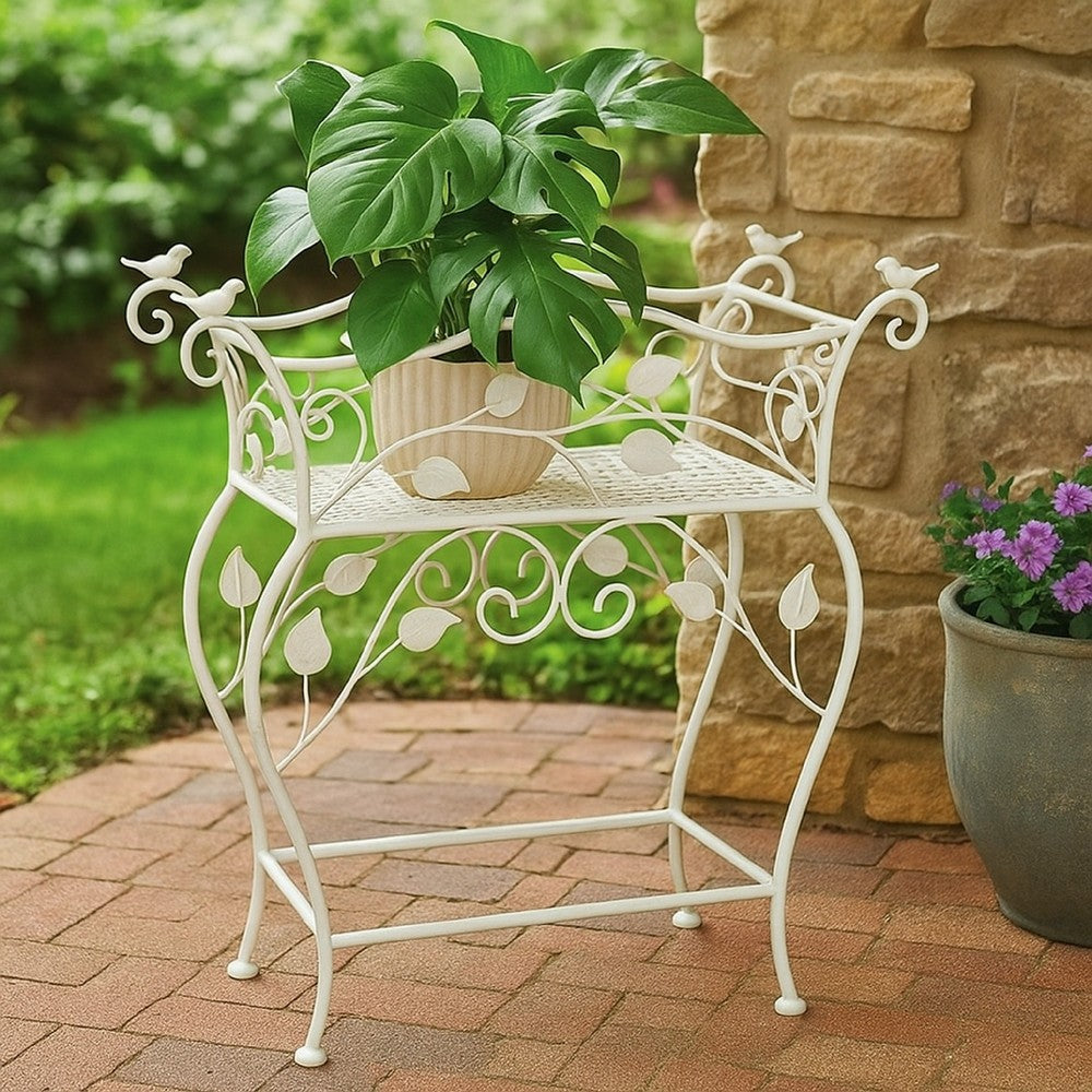 Philip Plant Stand Table, Scrolled Vine Details, Curved White Metal -BM335066