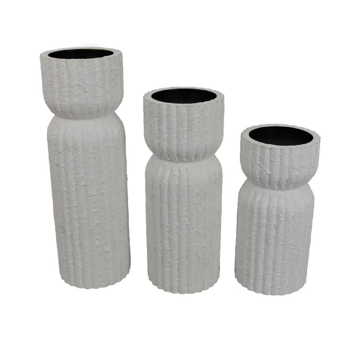 Solano Tall Candleholder Set of 3, Ribbed Texture, White Carved Wood  - BM335068