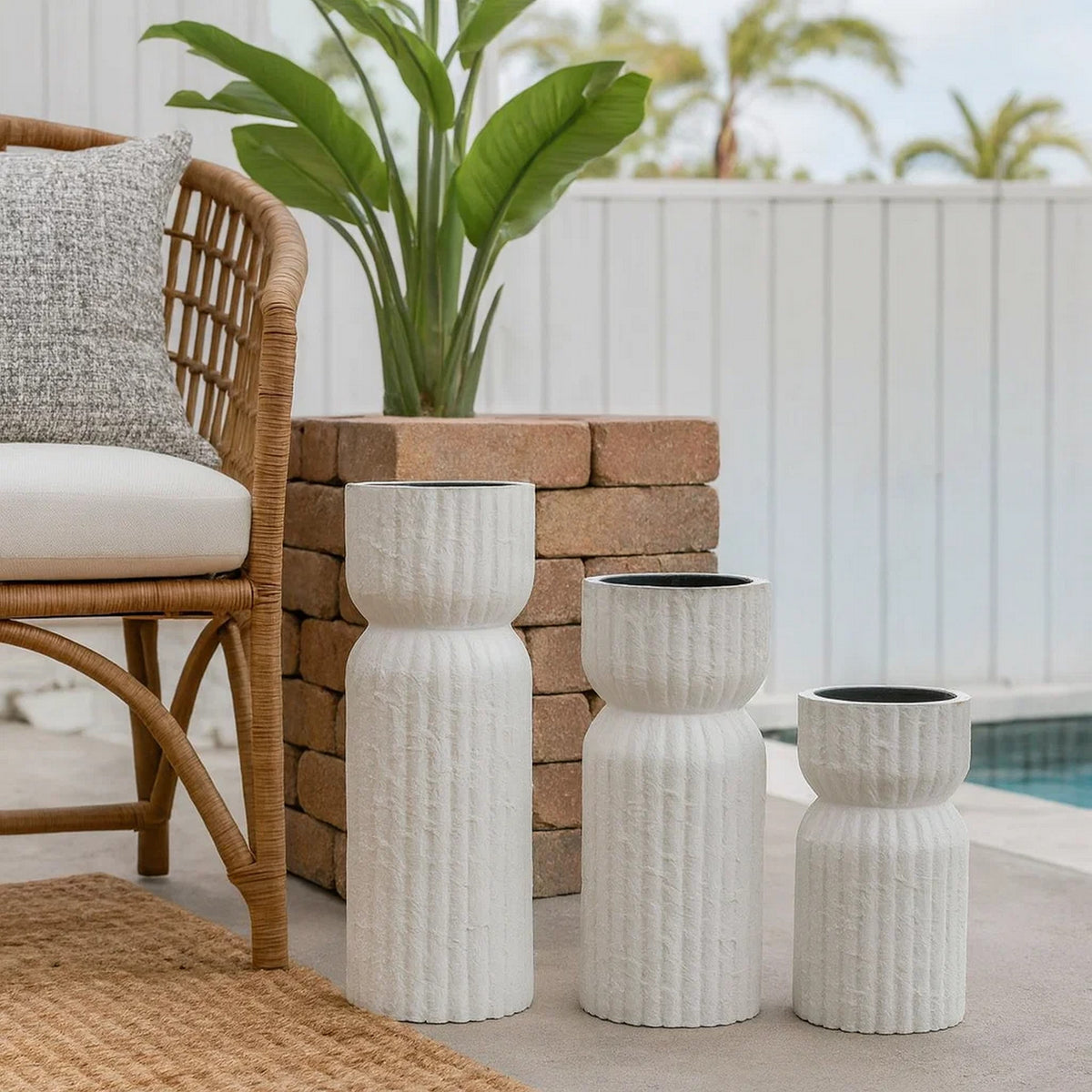 Solano Tall Candleholder Set of 3, Ribbed Texture, White Carved Wood  - BM335068